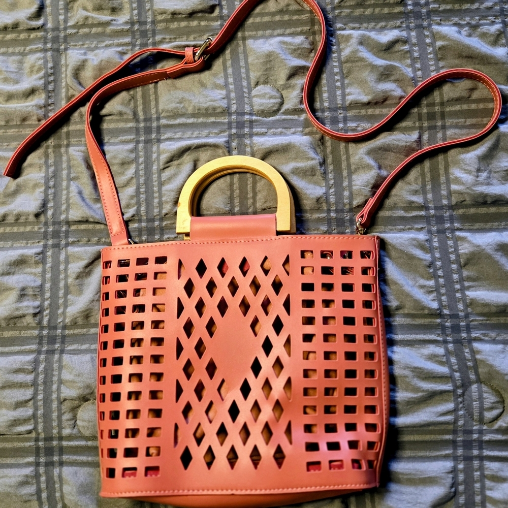 Women’s Cutout Crossbody Tote, Orange, with Wood Handles and Detachable Strap